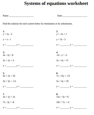 systems  linear equations worksheet systems  equations equations
