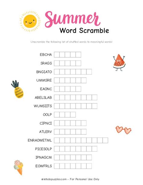 summer word scramble  printable  answer key summer word