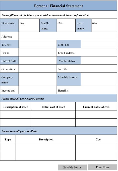 generic personal financial statement template master template