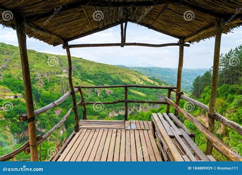 wooden observation deck   gorge   picturesque mountains stock image image  park