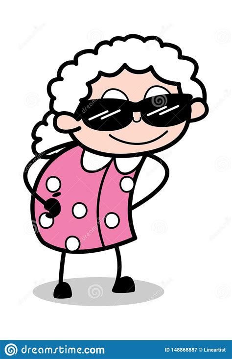 Wearing Trendy Sunglasses Old Cartoon Granny Vector Illustration