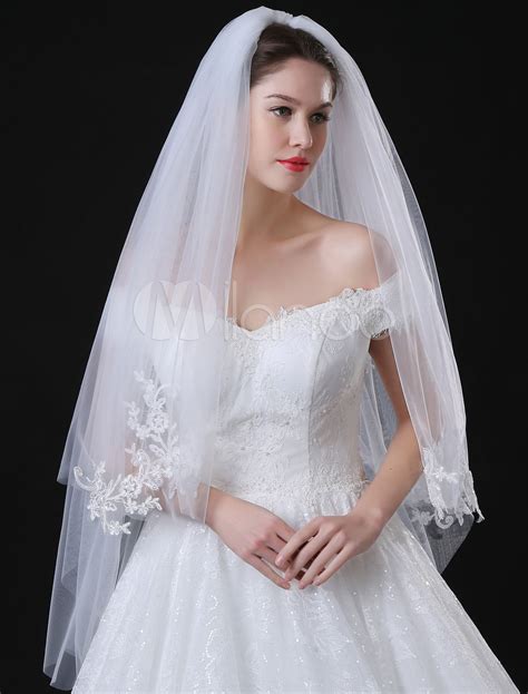 Tulle Wedding Veil Ivory Lace Applique Edge Two Tier Bridal Veil