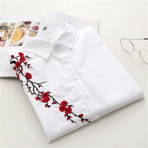 dioufond flower embroidery shirts women blouses long sleeve white tops
