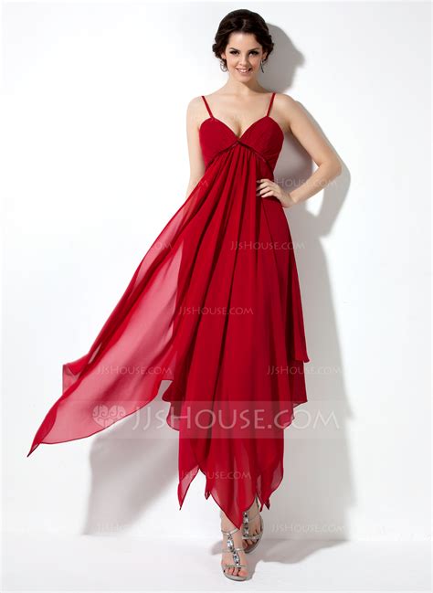 empire v neck ankle length chiffon homecoming dress with ruffle