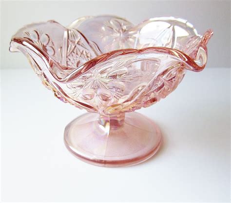 Blush Pink Carnival Glass Bowl Iridescent Footed Compote Dish Etsy