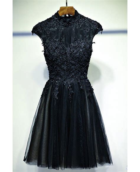 vintage chic short black lace prom dress with cap sleeves myx18198