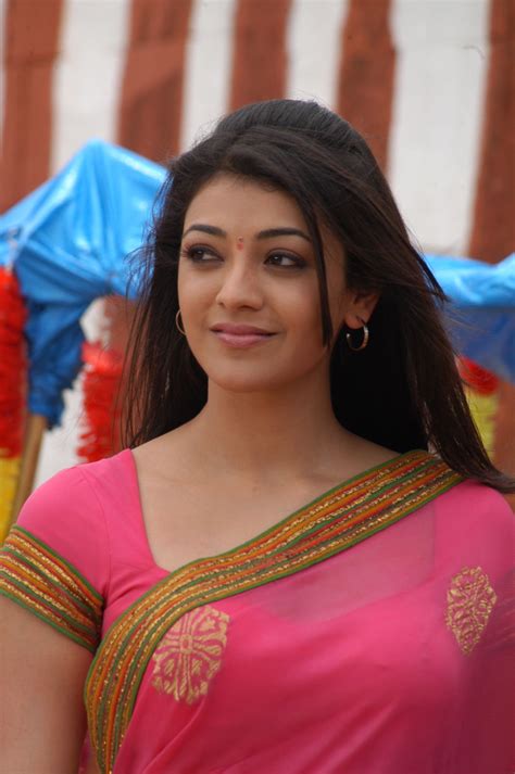 Indian Actress Kajal Agarwal Hot Rose Colour Saree Photos In Big Blouse