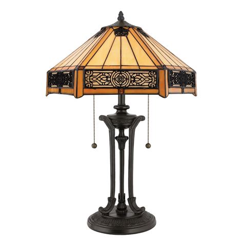 Tiffany Table Lamp Bronze Base With Fretwork Border To