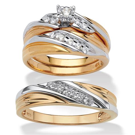 cubic zirconia  piece     tone trio wedding ring set  tcw   gold