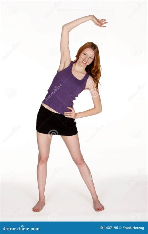 Red Head Woman Stretching Side Stock Image Image Of Skirt Stripe