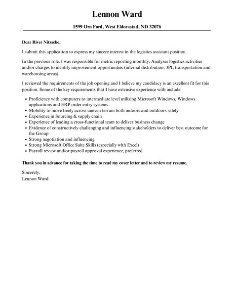 logistics assistant cover letter velvet jobs