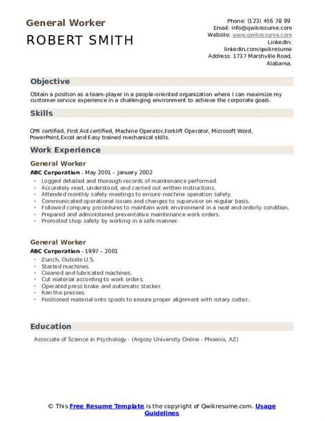 general worker resume samples qwikresume