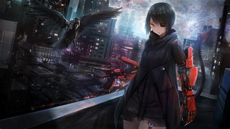 anime girl crow cyberpunk sci fi   wallpaper