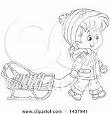 Pulling Cartoon Boy Sled Clipart Lineart Illustration Happy Royalty Winter Bannykh Alex Vector sketch template