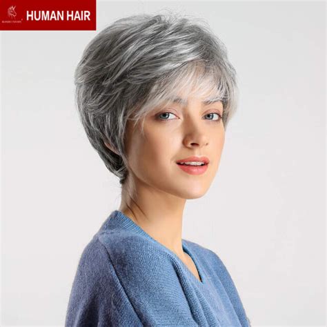 Ladies Daily Use Short Layered Ombre Silver Gray Human Hair Wigs For