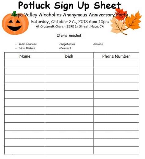 potluck sign  sheets   occasion word  excel