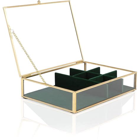Juvale Glass Jewelry Storage Box With Green Velvet Tray Organizer