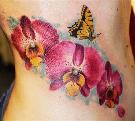 wonderful watercolor orchids with yellow butterfly tattoo