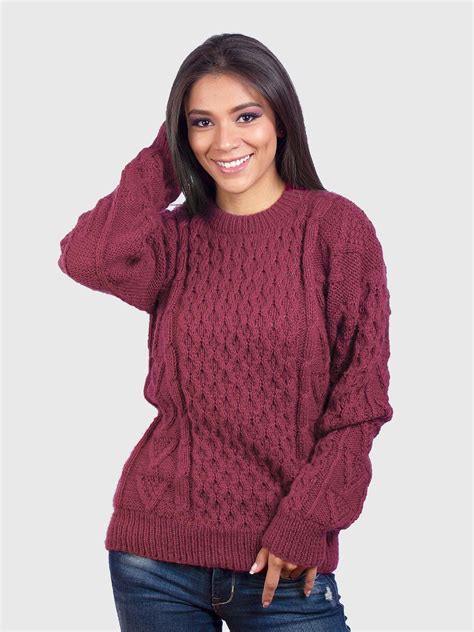 hand knit warm burgundy aran alpaca sweater  women inti alpaca