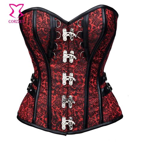 red steel boned gothic waist traininng corsets steampunk corselet