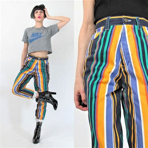 1990s rainbow striped pants high waist pants bright mom