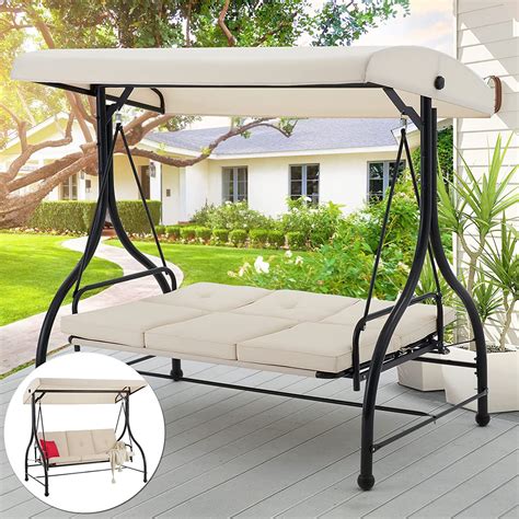 aecojoy garden swing chair outdoor  adjustable backrest  canopy  seater garden swing