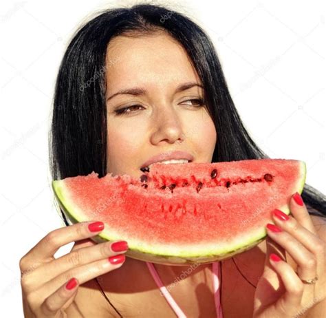 Download Attractive Girl Eats Watermelon — Stock Image Watermelon