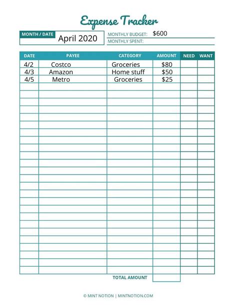 monthly expense tracker printable  mint notion