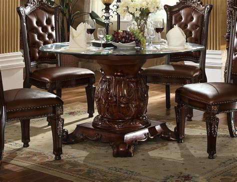 vendome traditional glass top   dining table  brown cherry