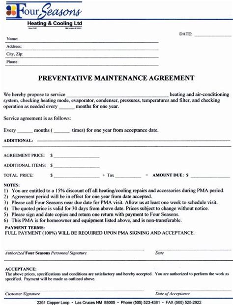 printable hvac maintenance contract template printable templates