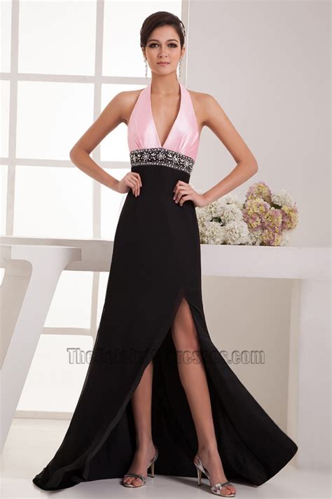 sexy pink and black halter open back evening dresses thecelebritydresses