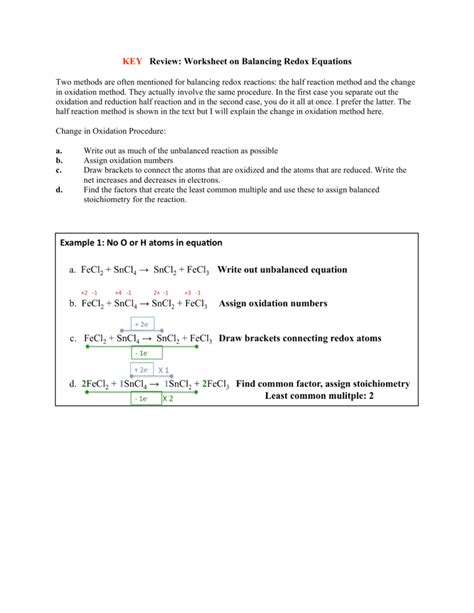 key review worksheet  balancing redox equations