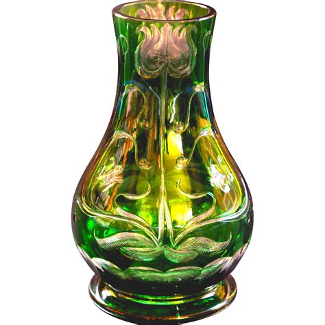 Green Cut To Clear Art Nouveau Crystal Vase From