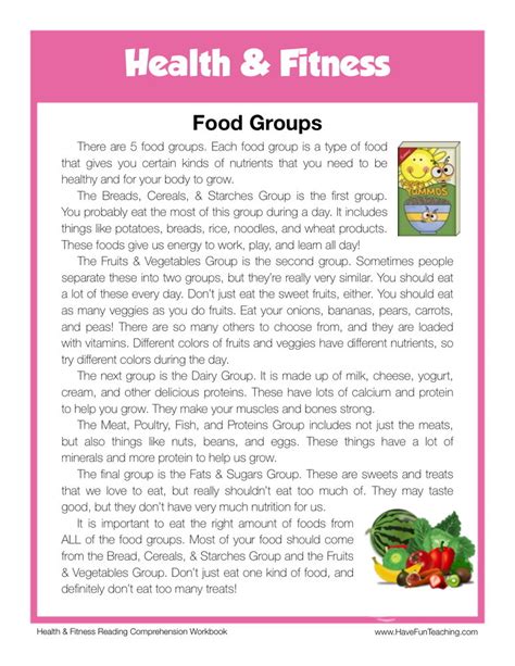 reading comprehension worksheet food groups