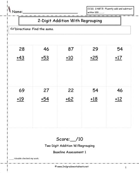 digit addition  regrouping assessment addition math worksheets printable