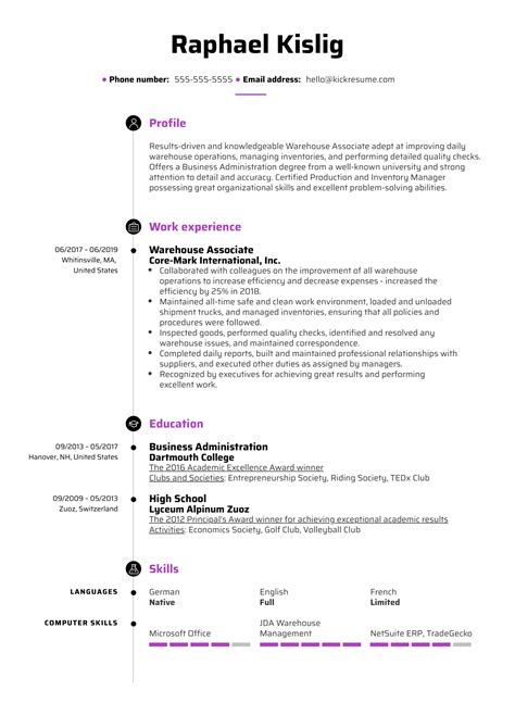 warehouse associate resume sample kickresume