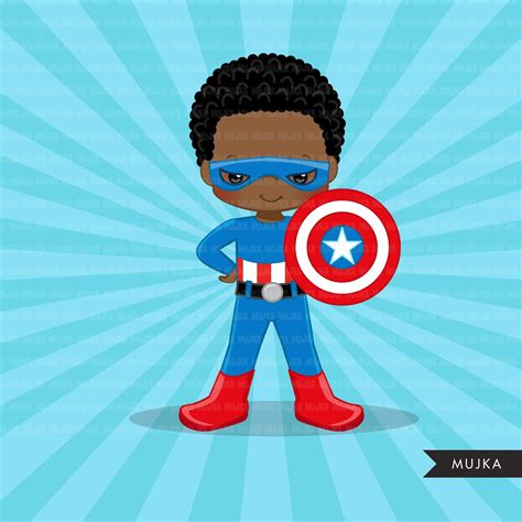 black superhero boys clipart splash background cute characters
