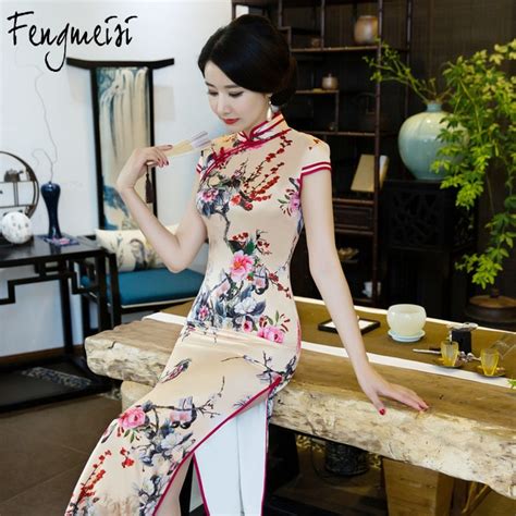fengmeisi women cheongsam long qipao chinese style silk sexy sheath