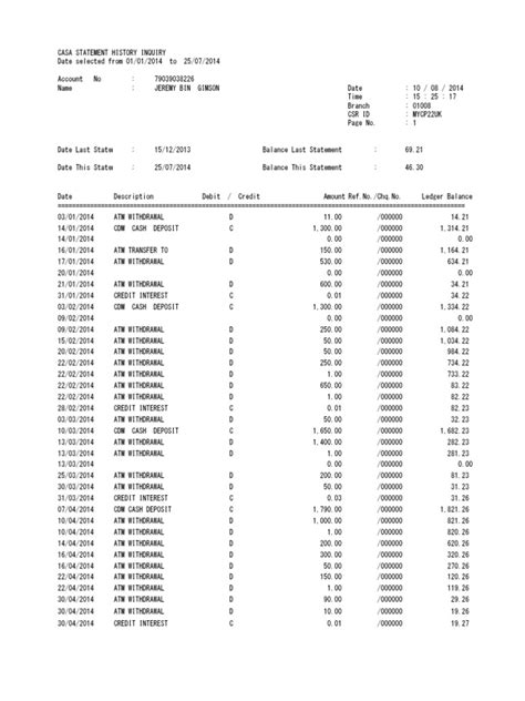 Bank Statement Sample Automated Teller Machine Debits And Credits