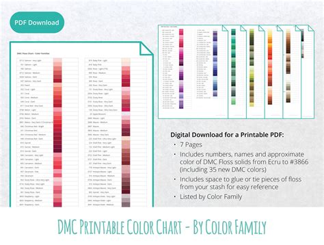 printable dmc color chart   etsy
