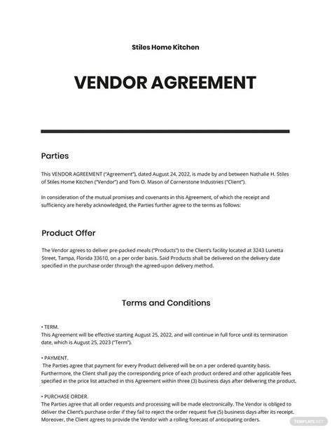 vendor agreement template google docs word apple pages templatenet