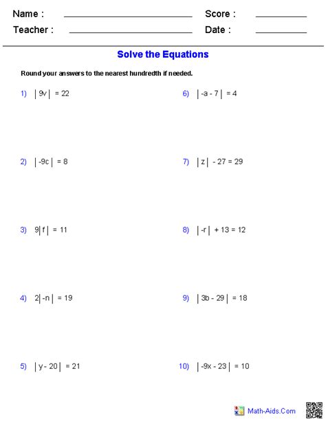 solving absolute  equations worksheet algebra  kidsworksheetfun