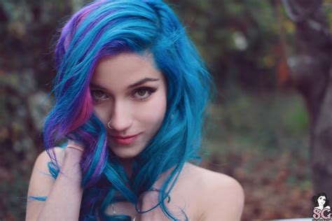 dyed hair fay suicide blue hair women pierced nose bare shoulders