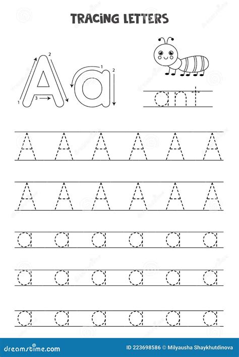 tracing letters  english alphabet black  white worksheet stock