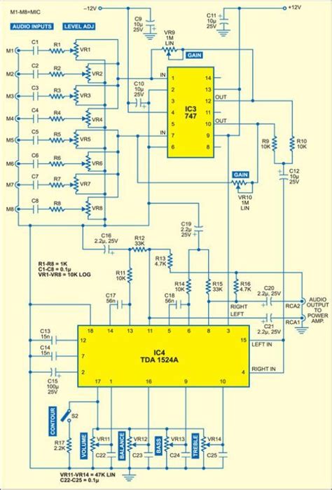 audio mixer  multiple controls full circuit diagram  circuit diagram audio