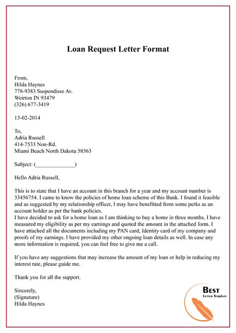 loan request letter format   letter template