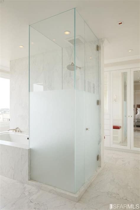 Half Frosted Glass Shower Wall Into Her Master Bath From His