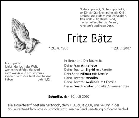 Fritz Bätz Traueranzeige Franken De