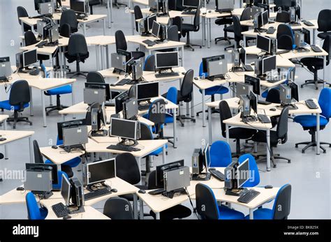 empty computer workstations   large office  england stock photo