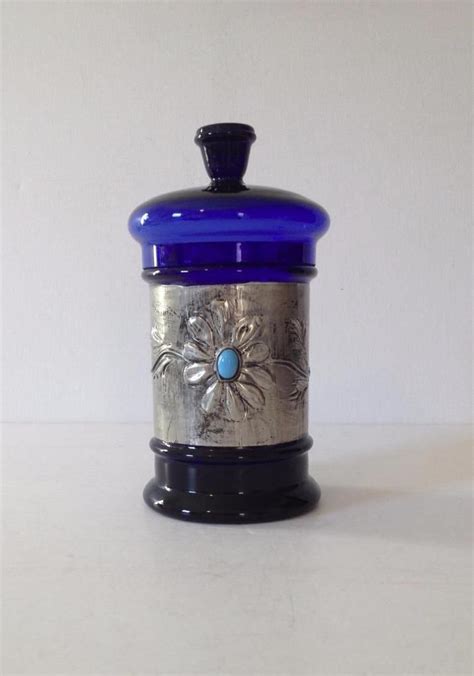 Cobalt Blue Glass Apothecary Jar W Silver Decoupage Glass Apothecary